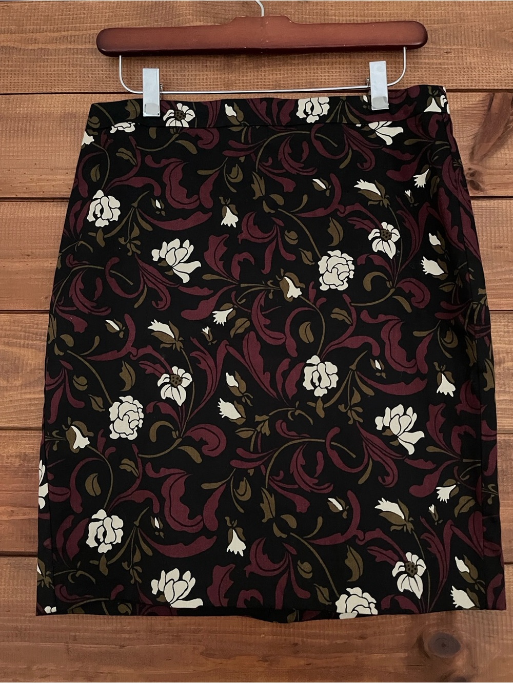 LOFT Black Pencil Skirt with Burgundy Floral Print